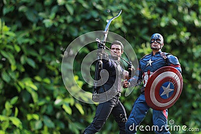 Close up shot of Captain America Civil War and Hawkeye superheros figure Editorial Stock Photo