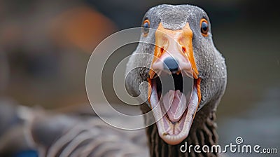 Close-up shot captures an angry goose in an aggressive stance, its beak wide open in attack mode, Ai Generated Stock Photo
