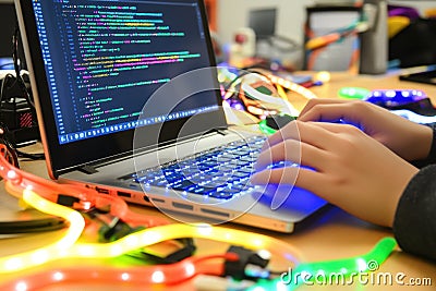 Close-Up of Hands Typing Code During an Online Coding Workshop Featuring Colorful LED Lights Enhancing the Tech Stock Photo