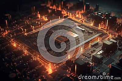 Close Up shot of circuit cyberspace board with computer motherboard component microchip with chip structure - Generative AI Cartoon Illustration
