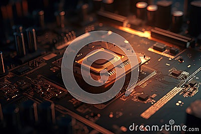 Close Up shot of circuit cyberspace board with computer motherboard component microchip with chip structure - Generative AI Cartoon Illustration