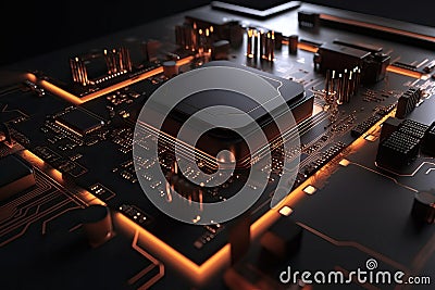 Close Up shot of circuit cyberspace board with computer motherboard component microchip with chip structure - Generative AI Cartoon Illustration