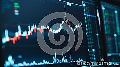 Close Up Shot of a Computer Monitor Screen with Real-Time Stocks, Commodities and Exchange Market Stock Photo