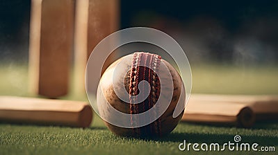 A close-up shot of a cricket ball being bowled colors one created with generative AI Stock Photo