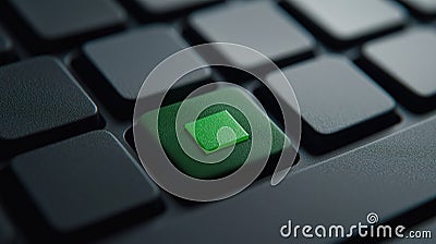 Close-up shot of dark gray computer keyboard. Prominent green button stands out. Digital command key new beginning fresh start in Stock Photo