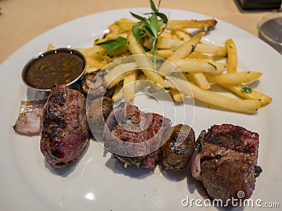 Close up shot of delicious Argentina style grill beef steak skew Stock Photo