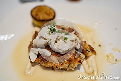 Close up shot of delicious Crab cake Stock Photo