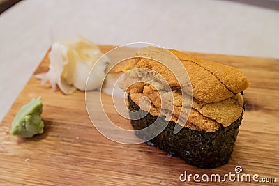 Close up shot of a delicious Uni sushi Stock Photo