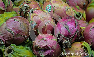 Close up shot of the Dragon fruit in assorted colors with tickets on it Editorial Stock Photo