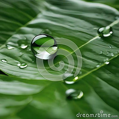 A close-up shot of a droplet of water on a leaf, showcasing the surface tension and reflections3 Stock Photo