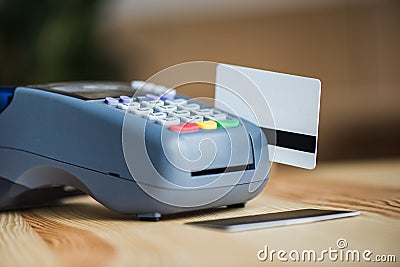 close-up shot of edc machine with card Stock Photo