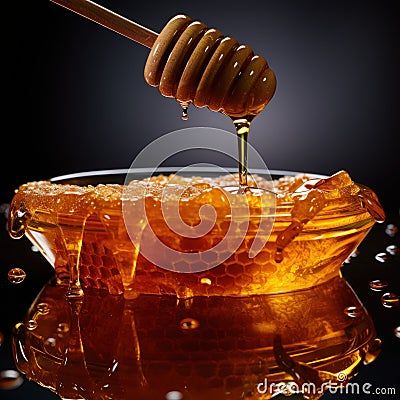 Close-up shot featuring a jar of honey, accompanied by cups and dippers Stock Photo