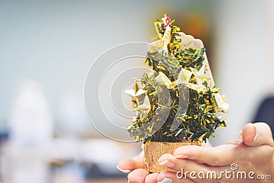 Close up shot of female hands holding a small Christmas tree Celebrate Christmas on December 25 every year. enjoying Christmas Stock Photo