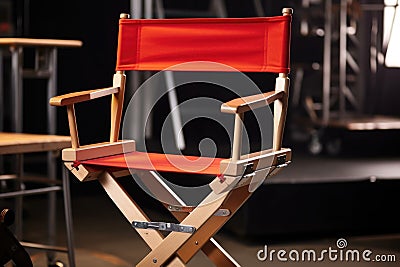 close-up shot of filming clapperboard on a directors chair Stock Photo