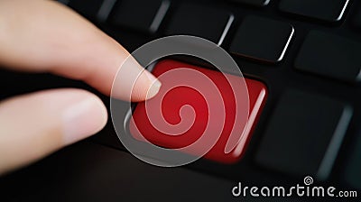 Close-up shot of finger poised to press large red delete key on black computer keyboard. Action signifies decisive digital Stock Photo