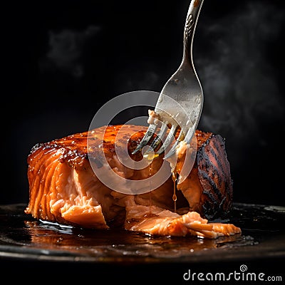 A close-up shot of a fork picking up a juicy piece of gri generative AI Stock Photo