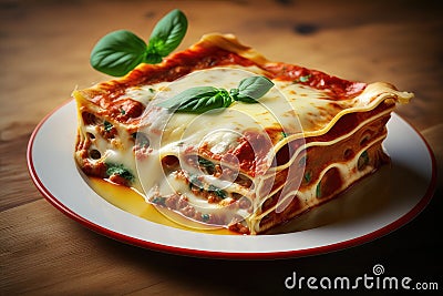 Close up shot of fresh italian lasagna on white plate isolated Stock Photo