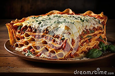 Close up shot of fresh italian lasagna on white plate isolated Stock Photo