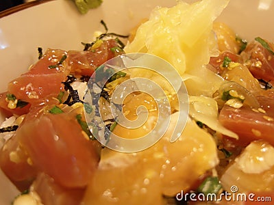 Close up shot of fresh poke bowl Stock Photo