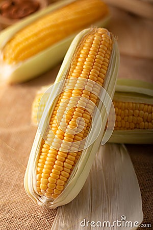 Close up shot Fresh ripe and peeled sweet corn high vitamin nature food Stock Photo