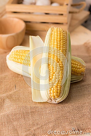 Close up shot Fresh ripe and peeled sweet corn high vitamin nature food Stock Photo