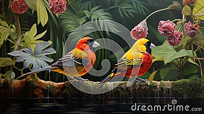 The intricate patterns and vibrant colors of finch birds as they enjoy a leisurely moment in a Stock Photo