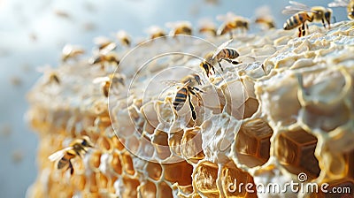 Close-up shot of honeybees working on a honeycomb. Detailed, high-resolution image showcasing the intricate structure and busy Stock Photo