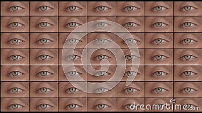 Close up shot of human face part macro eye shot collage. Horizontal mosaic background of multiply shots of person green Stock Photo