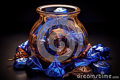 a close-up shot of a jar filled with shiny, wrapped toffees Stock Photo