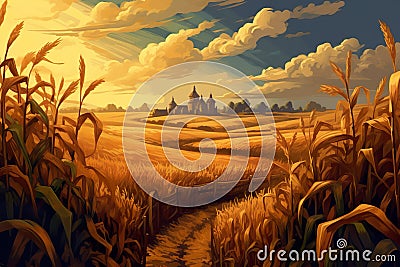 Close-up shot of large corn field Cartoon Illustration
