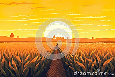 Close-up shot of large corn field Cartoon Illustration