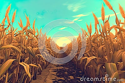 Close-up shot of large corn field Cartoon Illustration