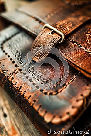 Close-up shot of leathercraft, tooling, and hand-stitching Stock Photo