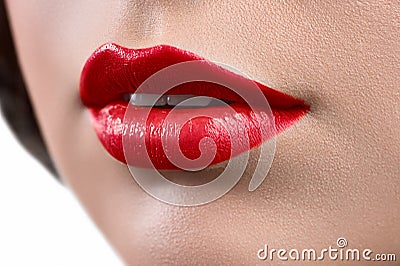 Close up shot of the lips of a woman wearing lipstick or lip glo Stock Photo