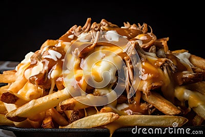 Close-up shot of loaded Poutine with a generous serving of crispy fries, cheese curds, savory gravy, and succulent pulled pork Stock Photo