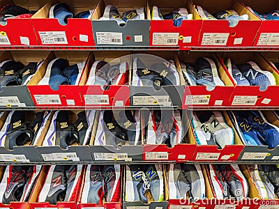 Close up shot of many Nike shoes in the Las Vegas South Premium Outlets Editorial Stock Photo
