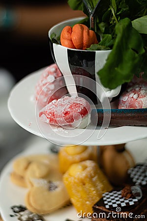 Close-up shot of marshmallow mushrooms and other treats Stock Photo