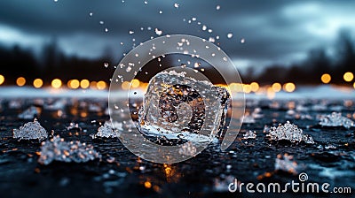 A close-up shot of a melting ice cube splashing on a wet surface at dusk, with blurred bokeh lights in the background. Stock Photo