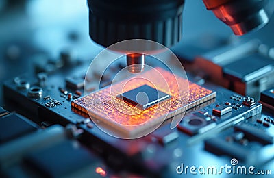 Close up shot of microchip transistor under microscope in lab. Equipment for microchips testing. Automation production, silicon Stock Photo