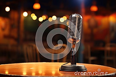 close-up shot of a microphone on a round table Stock Photo