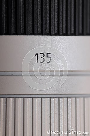 135mm focal length indicator on Camera lens Stock Photo