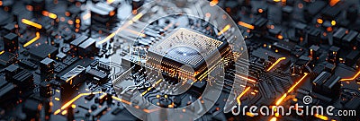 A close-up shot of a modern microprocessor or chip, set on a motherboard, surrounded by intricate digital data streams Stock Photo