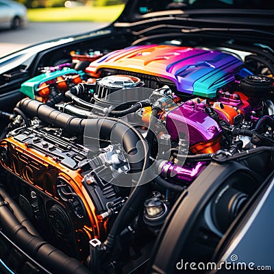 Close-up shot of a modified engine bay with vibrant colors Stock Photo
