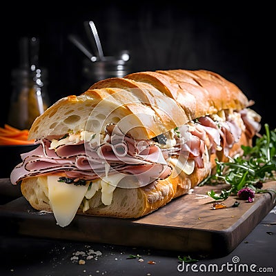 A Close-up Shot of a Mouthwatering Ham and Cheese Sub Stock Photo