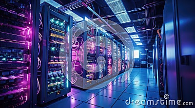 Close-up shot of networking cable management located in the server room. Generative AI Stock Photo