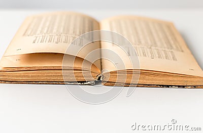 Close up shot of an open old science book containing equations and graphs from different fields: math, physics, chemistry. The Stock Photo