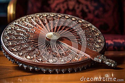 close-up shot of an ornate, vintage hand fan on a mahogany table Stock Photo