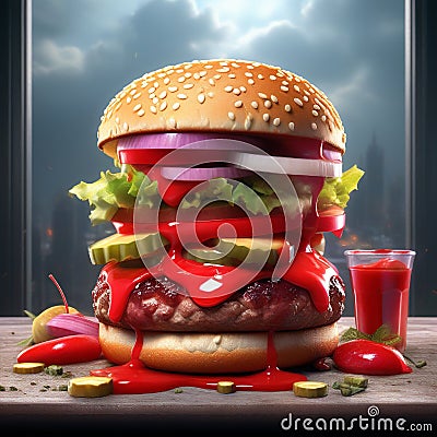 a close-up shot of a perfectly grilled hamburger oozing with ketchup Stock Photo