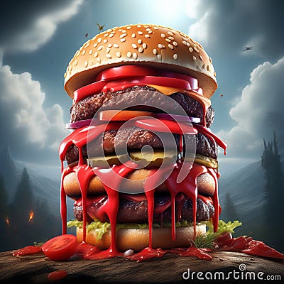 a close-up shot of a perfectly grilled hamburger oozing with ketchup Stock Photo