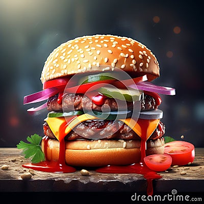 a close-up shot of a perfectly grilled hamburger oozing with ketchup Stock Photo